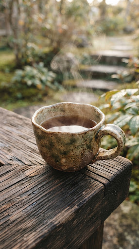 Steaming hojicha tea in ceramic cup